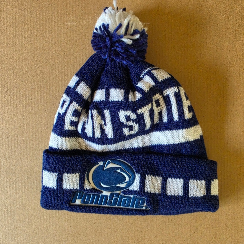 Vintage 90s Logo 7 Penn State Nittany Lions Knit Beanie Pom Hat Navy White PSU